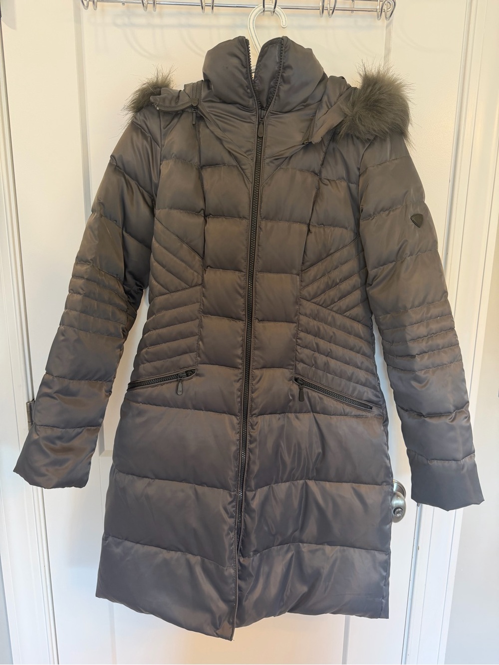 1 Madison Luxe Down Puffer Coat Faux Fur Hood Long Jacket Small